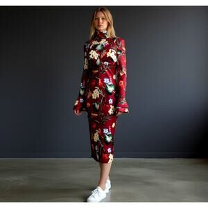 Nuvula Sacha Japanese Print Floral Mock Neck NWT Midi Dress M Bell Sleeve